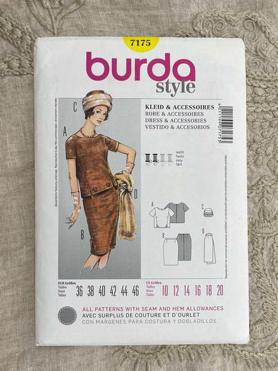 Burda Style 7175 - 50S Pencil Skirt & Short Sleeve Top With Pillbox/Turban Hat Scarf Pattern Size 10-20 | 33-41" Uncut | Ff