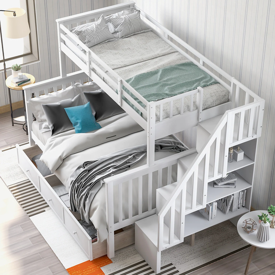 Twin-Over-Full Bunk Bed with Drawer,Storage and Guard Rail