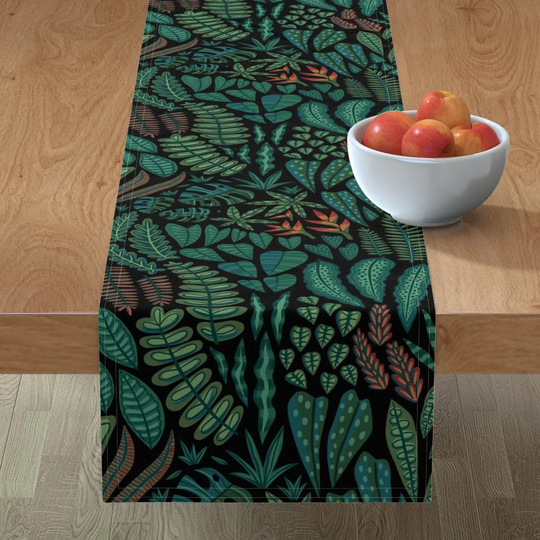 Jungle Leaves Table Runner - Tropical Night By Anabtwo Green Forest Dark Leaf Plant Cotton Sateen Spoonflower