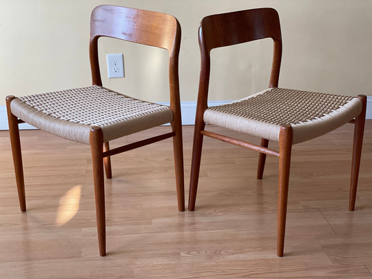 Two Niels Moller Model # 75 Dining Chairs in Aged Teak & New Danish Paper Cord, Desk Chairs, Bedroom