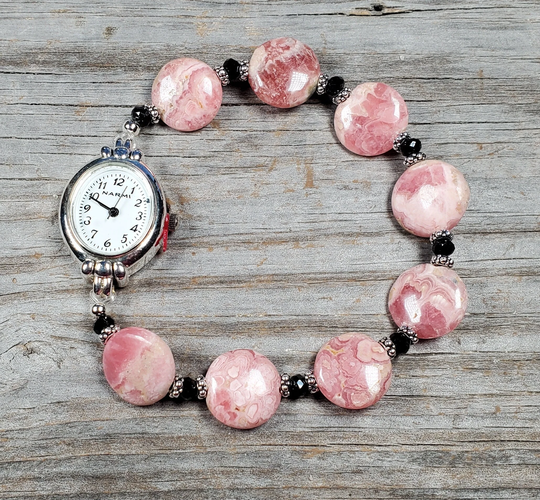 Rhodochrosite Pink Gemstone Beaded Watch, Very Durable Stretchy Band, Multiple Sizes Available