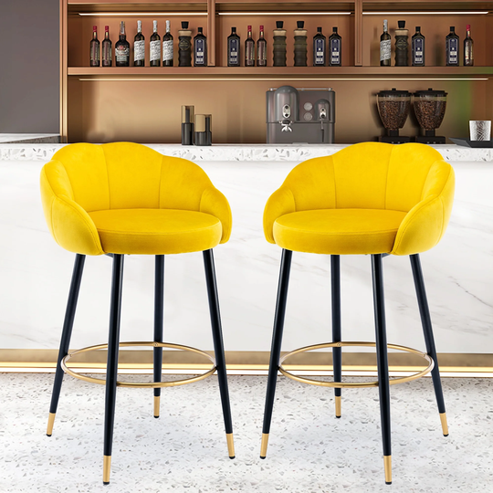 Retro Style 2pc Bar Stools Polyester Padded Seat Bar Chairs with Back and Round Footrest Counter Metal Height Dining Chairs