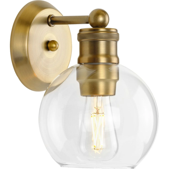 Hansford Collection One-Light Vintage Brass Clear Glass Farmhouse Bath Vanity Light - 6.5 in x 7.25 in x 9.5 in