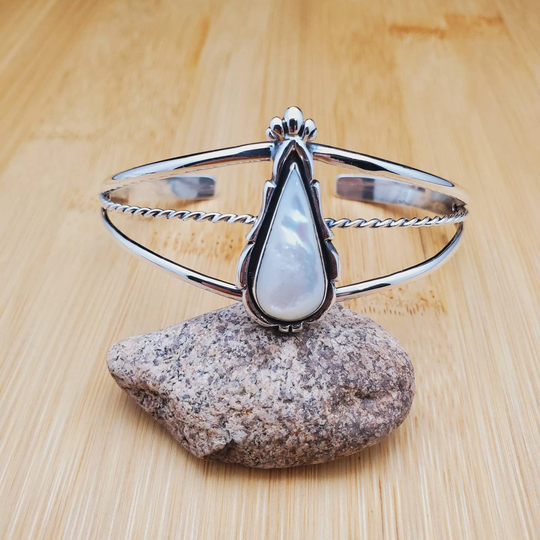 Dainty White Mother Of Pearl Cuff Bracelet | Southwest Sterling Silver Shell Boho Made in Usa