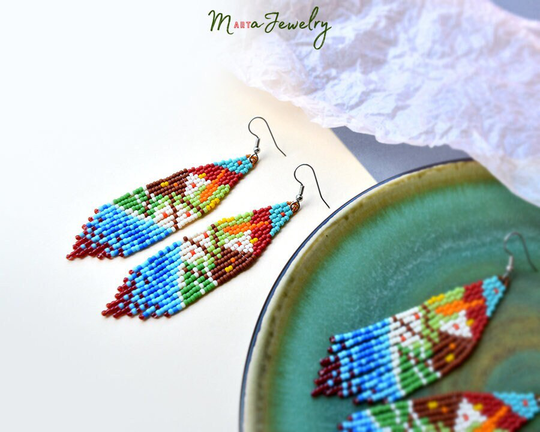 Colorful Mini Fringe Earrings With Abstract Pattern, Seed Bead Jewelry