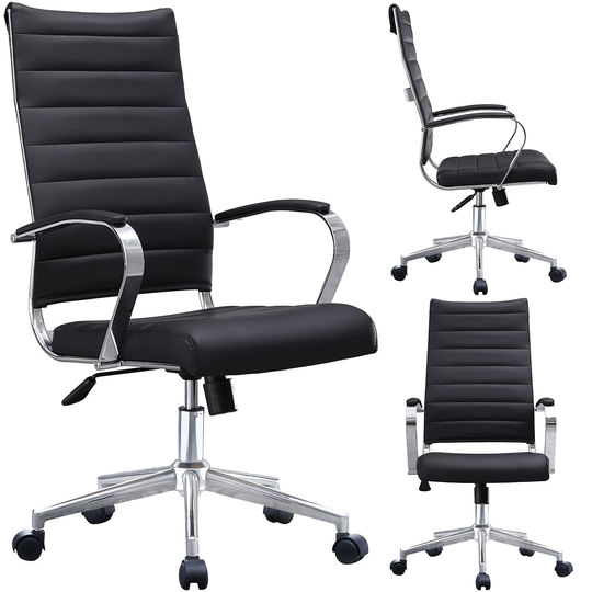 Mid Century Modern Ergonomic Executive Office Chair Mid Back with Arms PU Leather Tilt Adjustable Height Wheels Swivel, Black