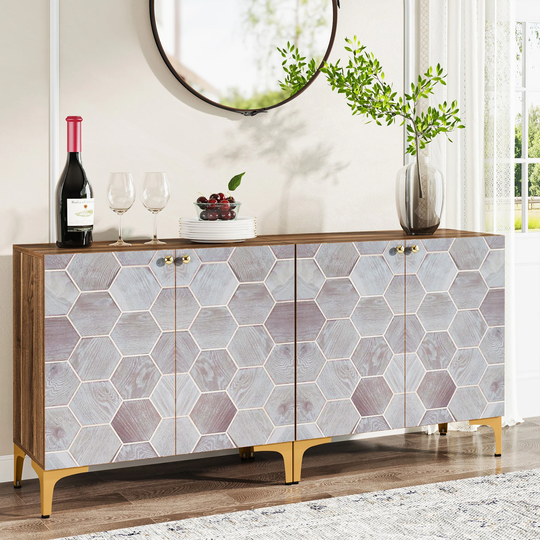 63 Inches Buffet Sideboard Storage Cabinet, Modern Colorful Pattern Display Cabinet,