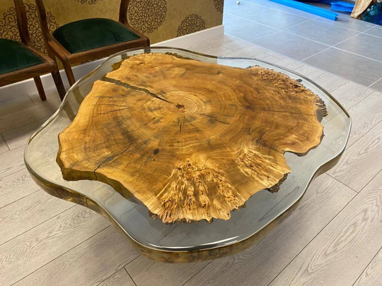 Live Resin Edge Epoxy Table, Round Clear Coffee Poplar Wood Table, Center Side Dining