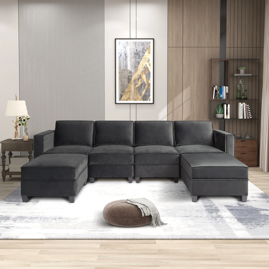 Velvet Sectional Sofa with Ottoman Storage Convertible Combination Sofa with Reclined Back