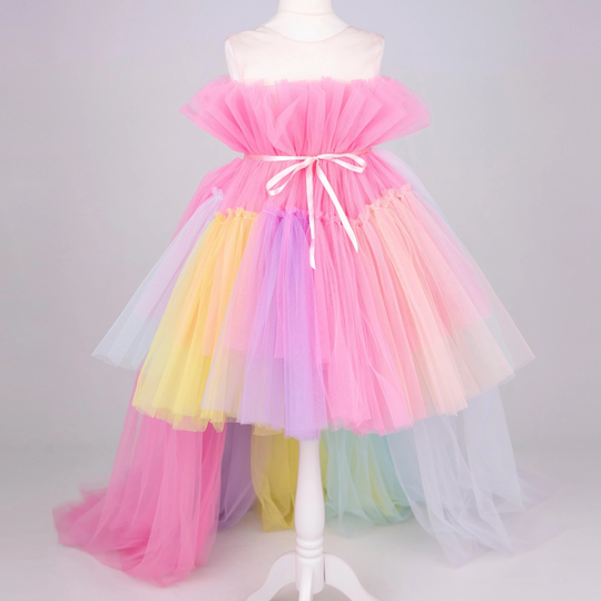 Colorful Dress Girls, High-Low Dress, Pink Fluffy Puffy Tulle Birthday Tail Girl
