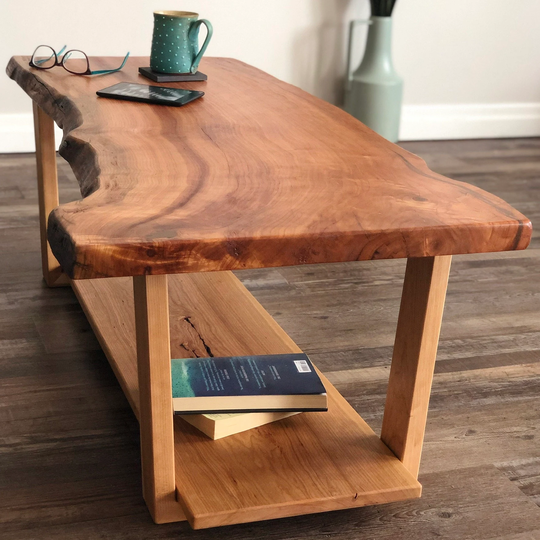 Live Edge Rustic Wood Coffee Table, Farmhouse Mid Century Modern Table