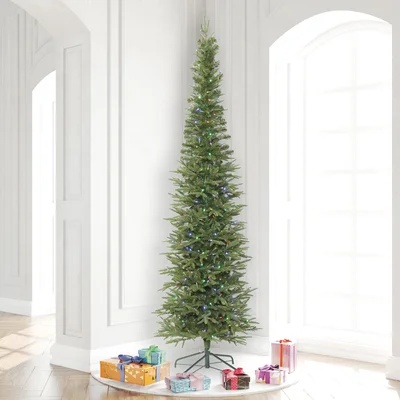 Pencil 8.5' Green Fir Artificial Christmas Tree with 550 LED Multi-Colored Lights with Stand