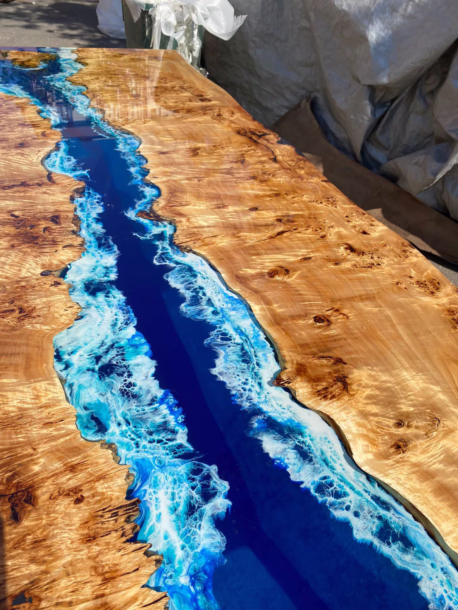 Poplar Table, Epoxy Resin Custom 88" X 42" Wood Shiny Ocean Blue River Order For Natalie 2