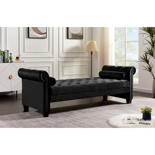 Rectangular Large Sofa Stool, Tufted Cushions and Armrest, flannel and sofa are supported by solid wood, Wooden frame