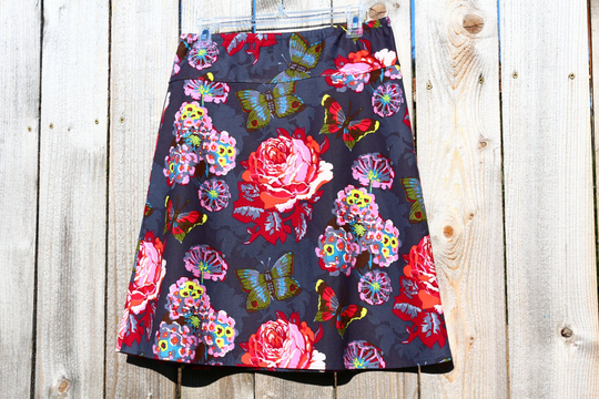Gray Floral A Line Skirt, Flower, Butterfly, Anna Maria Horner, Gray, Red, Green, Custom Made All Lengths & Sizes
