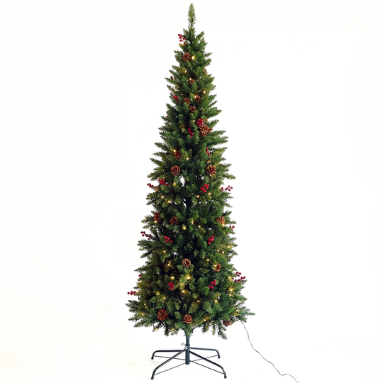 Artificial 7.5ft Slim Christmas Tree Pre-lit with Cones and Berries