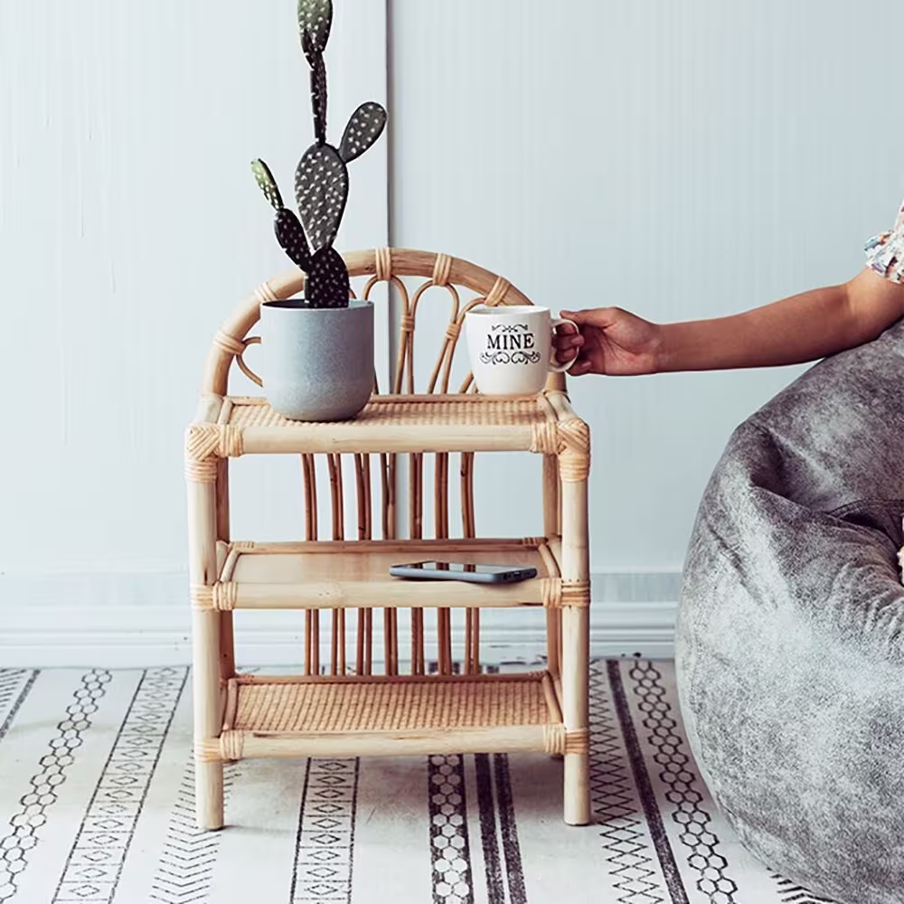 Handmade Rattan 3-Tiers End Table With Storage Shelf | Small Side Farmhouse End For Bedroom