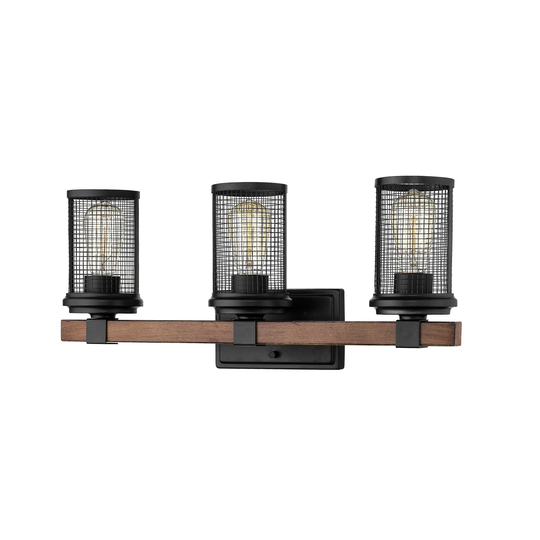 Mesa Bathroom Vanity Light in Matte Black/Wood Grain- 3 Lights