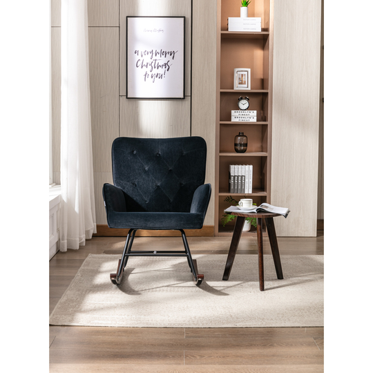 Mid-century Modern Velvet Comfortable Rocking Chair with Tufted Back, Flared Arms and Wood Legs