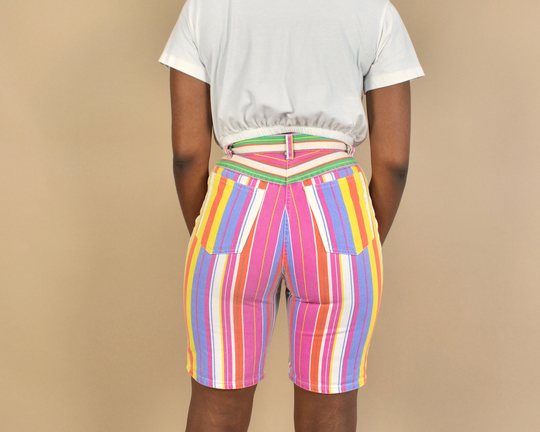 Mixed Blues Striped Rainbow Vintage Denim Long Shorts