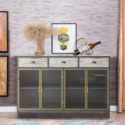47.64" Doors Modern Sideboard With Wide 2 Glass Doors 3 Top Drawers