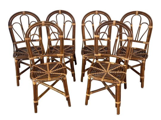 Vintage Rattan Dining Chairs, Bamboo Bentwood Chair, Fan Back Franco Albini Style Coastal
