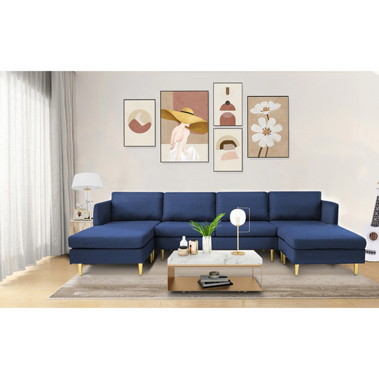 Convertible Sectional Sofa Reversible Chaise Polyester Stationary Sofa with Ottoman