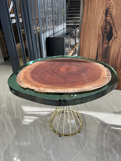 Resin Round Coffee Table, Walnut Epoxy Epoxidharz Tisch, Handmade Green Table