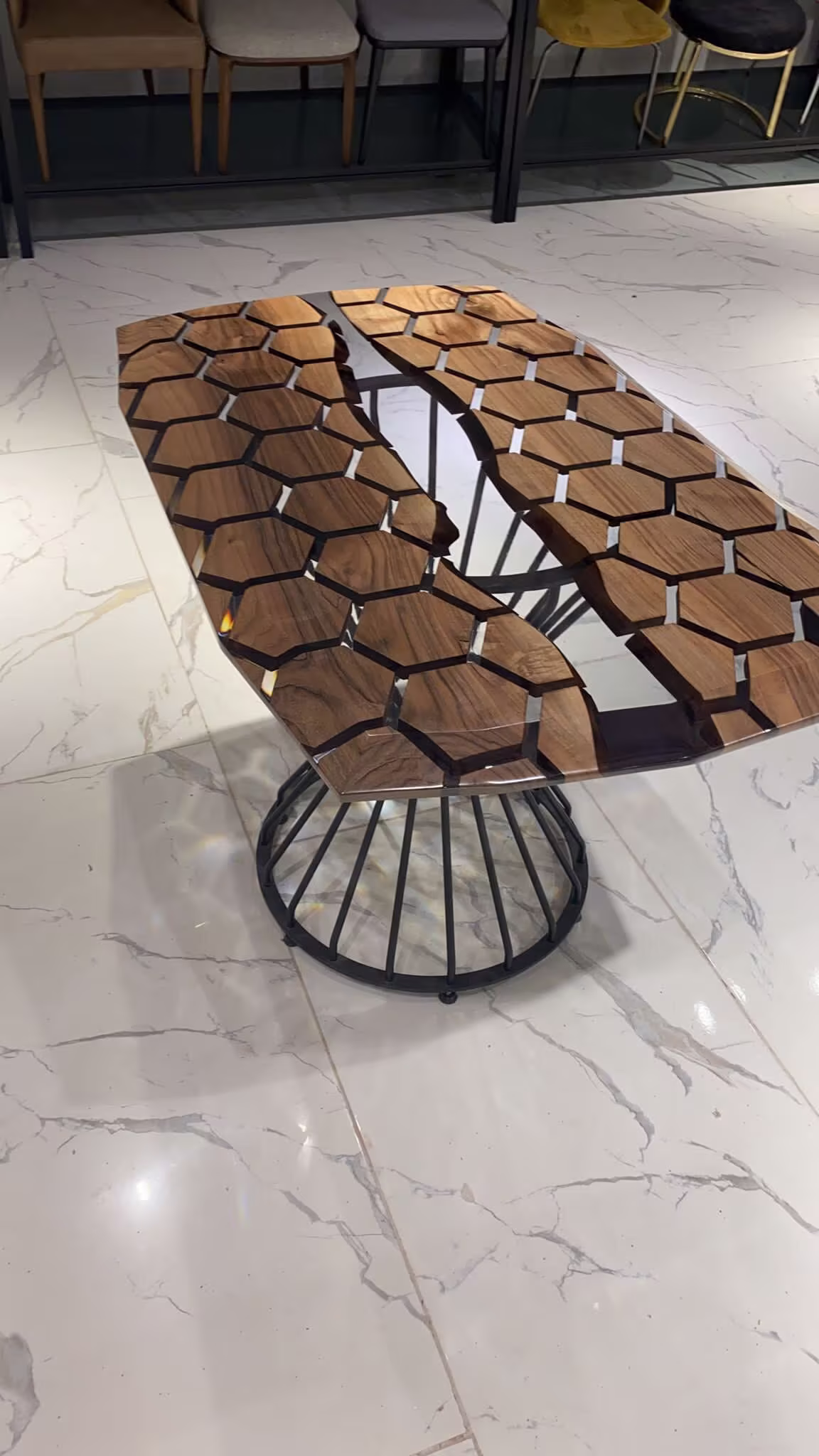 Hexagon Coffee Table, Epoxy Honeycomb Walnut Resin Dining Live Edge Custom