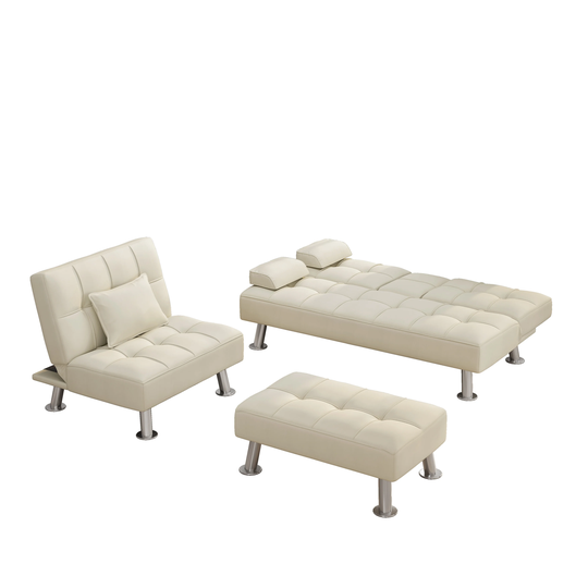 Fabric Folding Sofa Bed with 2 Cup Holders, Removable Armrest, Single Sofa Bed with Ottoman,3 pcs