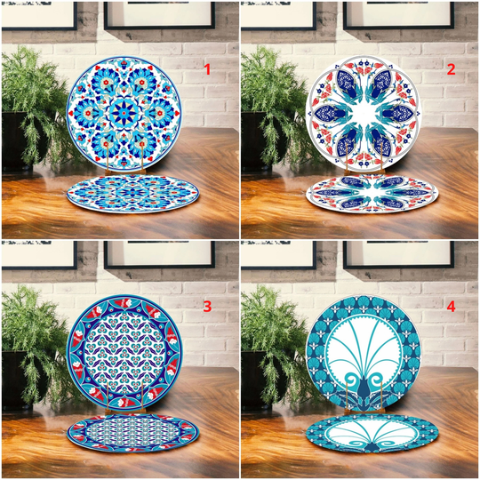 Tile Design Table Mat, Tulip Style Placemats, Authentic Decor, Round American Service, Ethnic Underplate | Set Of 2, Boho House Decor