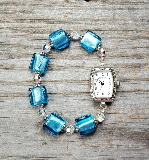 Blue Foil Glass & Swarovski Crystal Ab Stretchy Watch, Very Durable Stretchy Band, Multiple Sizes Available