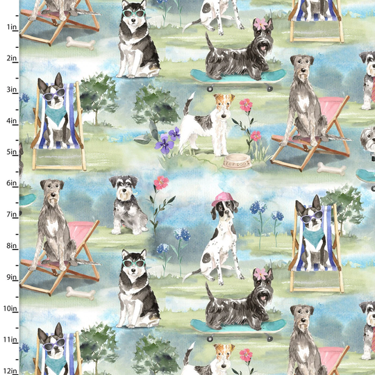 A Dog's Life Dog By Beach Chair Skateboard Flower 3 Wishes 42 Inches Wide 100% Cotton Quilting Fabric 3W 18031 Multi