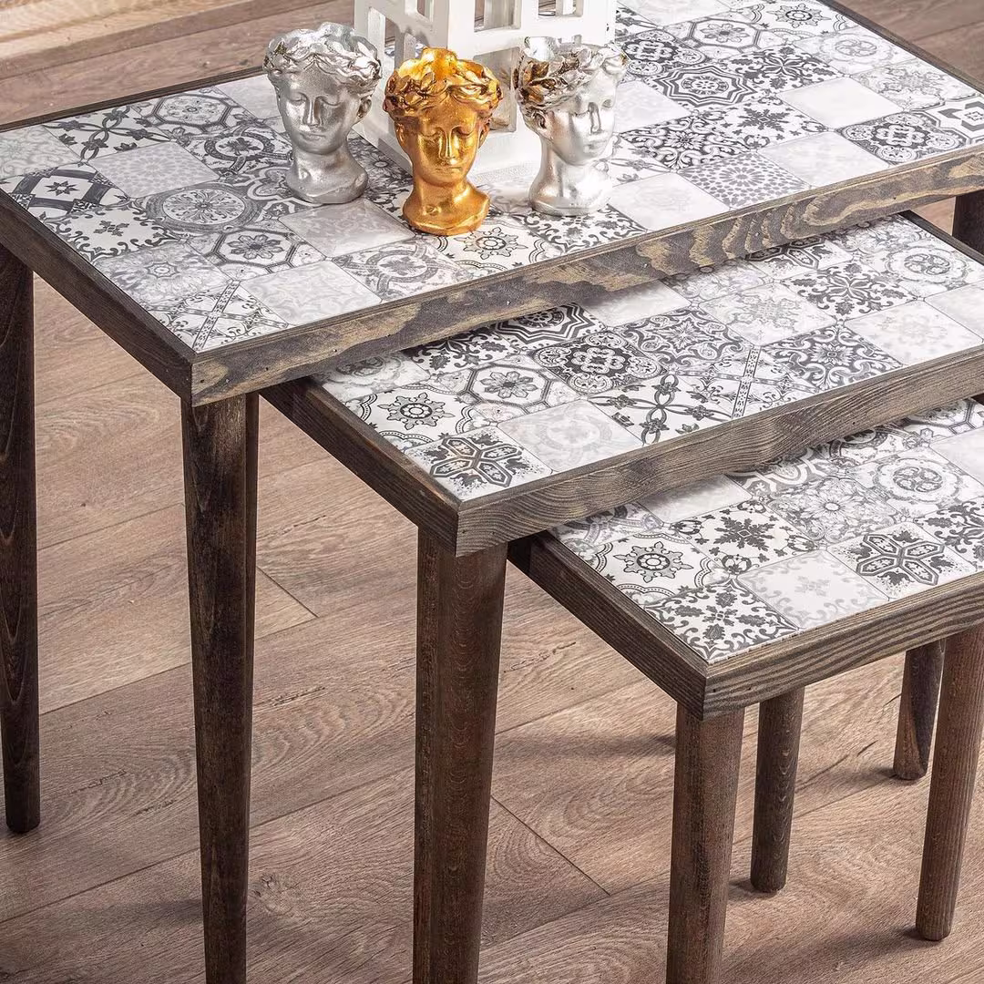 Rustic Coffee Table Set Of 3 Rectangle Wood & Tiles Nesting Side 3-Piece Pottery Dining Room Wood End Tables