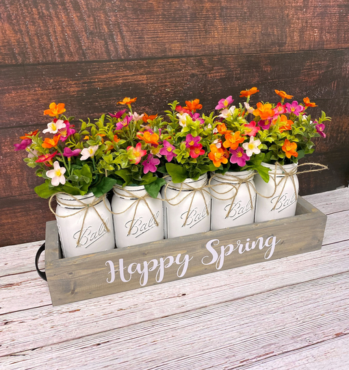 Spring Wildflower Table Centerpiece | Mason Jar Decor Dining Room Mantle Hydrangea Floral Arrangement Tv Console