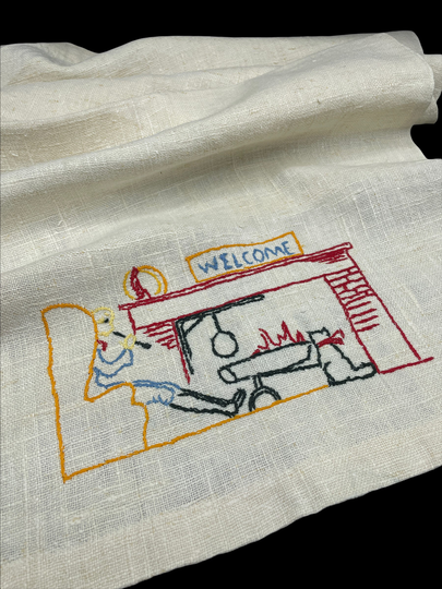 Natural Linen Embroidered Table Runner, Hand Embroidery, Tea Towel With Welcome, Country Farmhouse, Cottagecore Kitchen Decor, Primitive