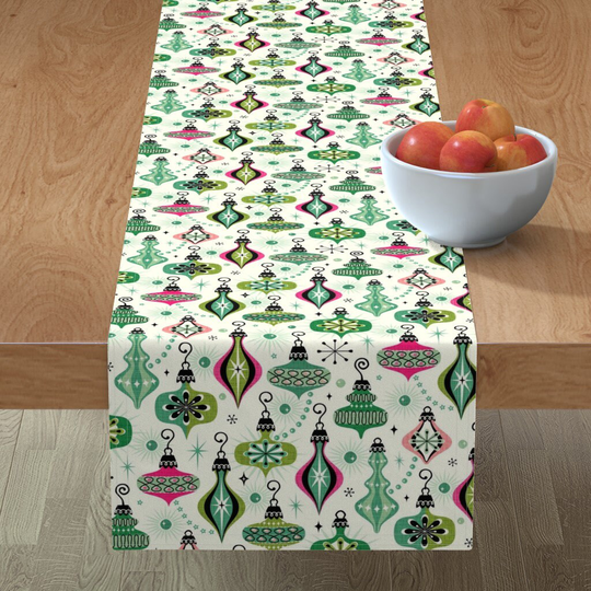 Mid Mod Ornaments Table Runner - Vintage Christmas By Studioxtine Snowflakes Cotton Sateen Spoonflower