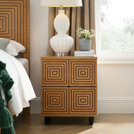 BIKAHOM Solid Wood 2 Drawer Storage Beside Table, Nightstand/End Table with Two Unique Geometric Details Drawers for Bedroom