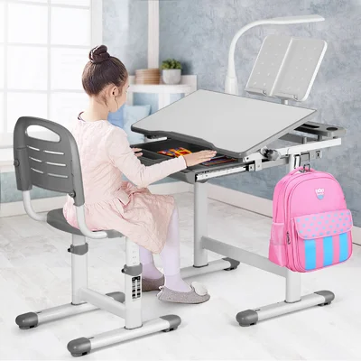 Overby Kids Study Desk And Chair Set Height Adjustable Children School Girl Table Large Writing Board Desk With Led Lamp Pull Out Drawer Pencil Case B