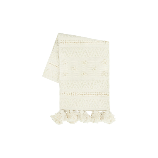 72" Woven Cotton Textured Table Runner with Pom Poms & Tassels