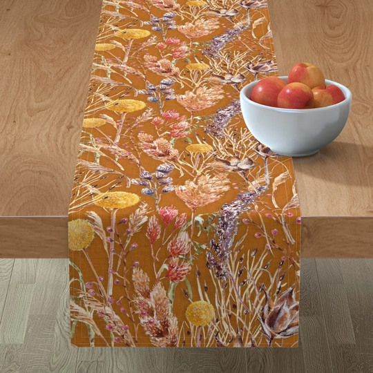 Autumn Bouquet Table Runner - Wildflowers By Ebozzastudio Wild Grasses Fall Marigold Rust Boho Cotton Sateen Spoonflower