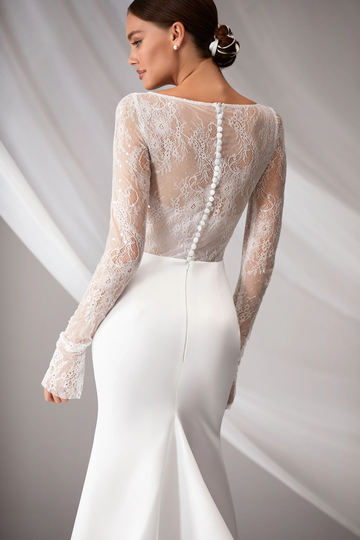 Modern Fitted Wedding Dress Long Sleeve Lace Satin Mermaid Gown High Slit Unique Minimalist Square Neck Donna