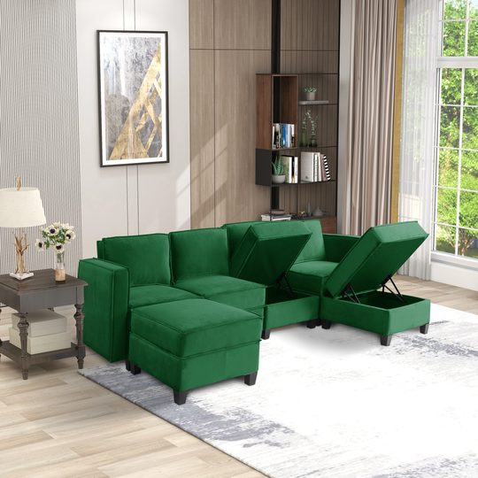 114.5" Square Arm Sectional Velvet Sofa Green/Grey/Black - 114.5"x55.1"x33.8"H