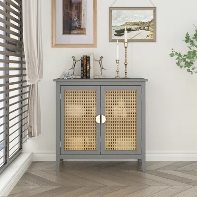 Mobean Rattan Sideboard Buffet Cabinet with 2 Decorated Doors for Living Room Hallway Entryway Dining Room