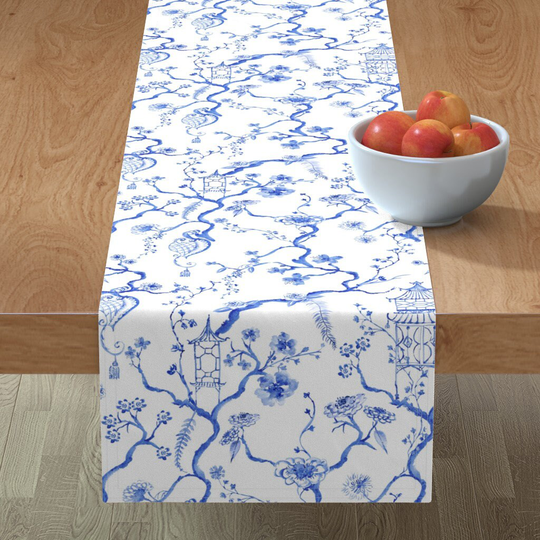 Chinoiserie Table Runner - Little Pagoda By Pattern Garden Elegant Blue & White Hand Painted Cotton Sateen Spoonflower