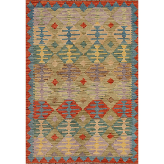Multi-Color Geometric Kilim Oriental Area Rug Hand-woven Wool Carpet - 4'2" x 5'8"