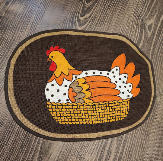 Germany Vintage Easter Chicken Table Topper - Lovely Hen in A Basket Jute Placemat Nagel Piepmats Orange, Brown