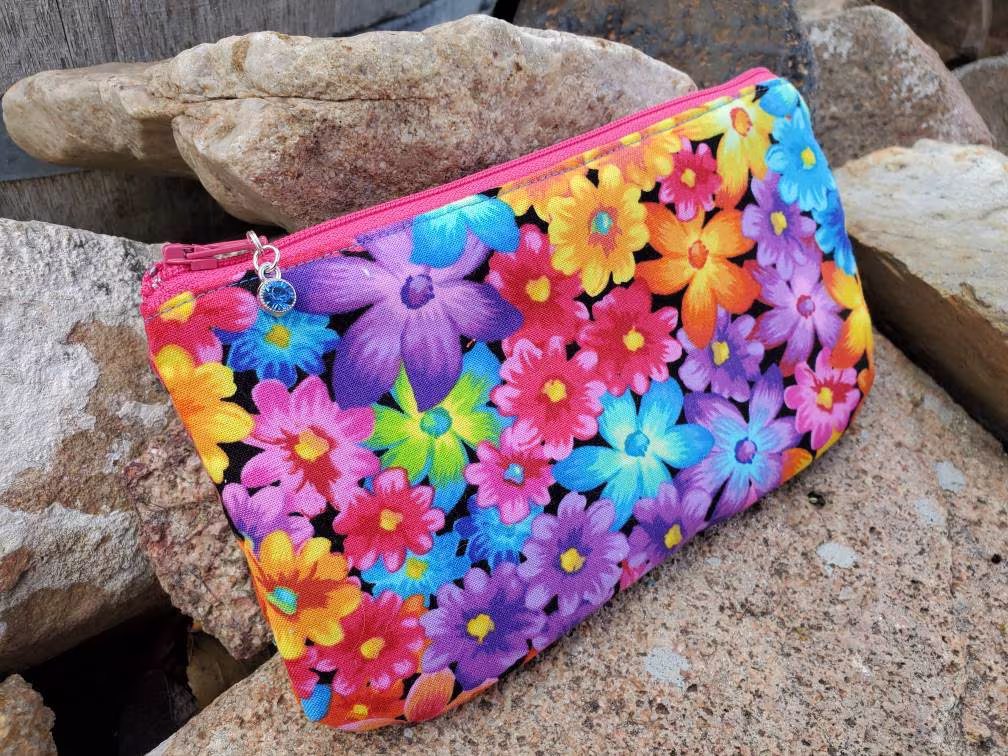 Floral Cosmetic Bag, Colorful Makeup Fabric Zipper Purse Organizer, Pencil Pouch, Flower Cash Toiletry Bag Feminine Pouch