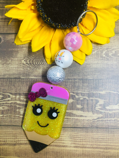 Cute Pencil With Face Keychain-School Keychain-Keychain Beads-Educator Keychain-Teacher Gift