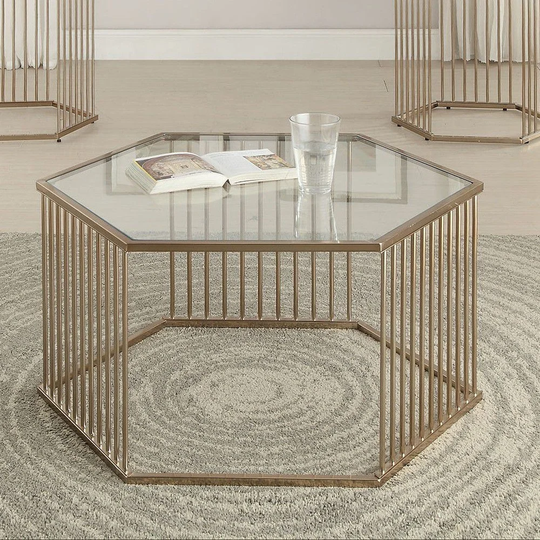 Oaklie Metal Hexagonal Table Coffee Table -Champagne & Clear Glass Top